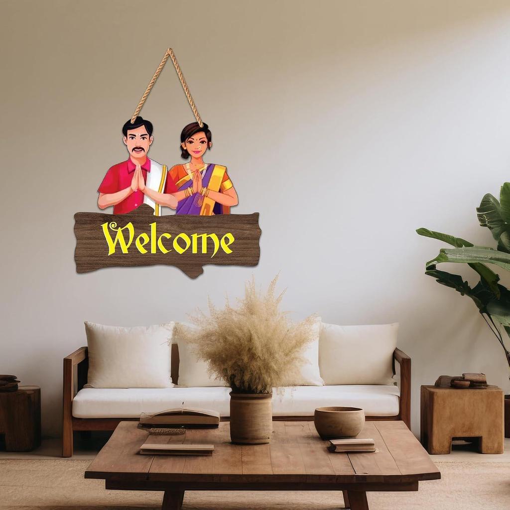 Wooden Wall Hanging | Traditional Welcome Plaque | Home Decor Accent | Decorative Wall Art with Indian Couple Design