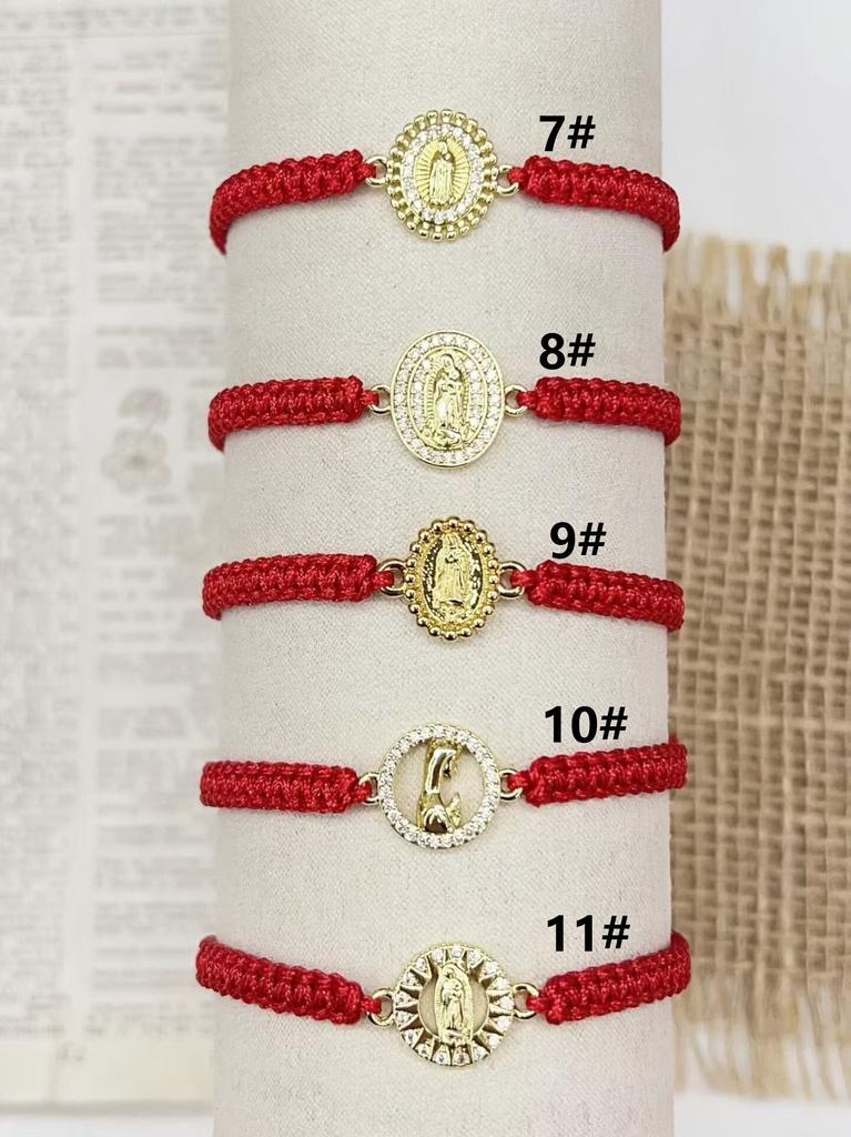 Adjustable Red Braided String Bracelet Virgin Mary Guadalupe Saint Benedict Cross Medal Religious Protection Jewelry