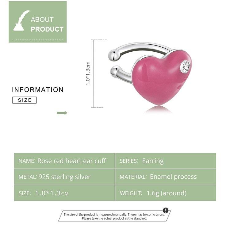 WOSTU 1 Piece 925 Sterling Silver Rose Red Heart Ear Cuff Earrings For Women Fashion Party Jewelry Gift