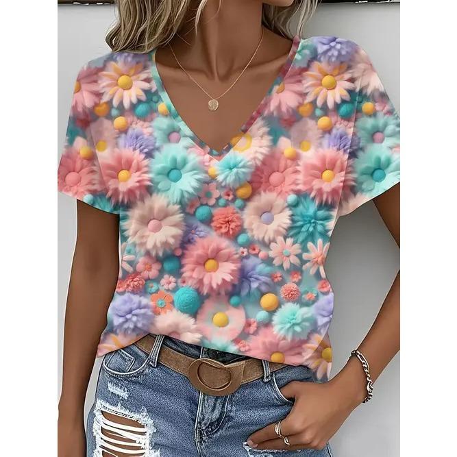 Summer V-neck 3D Flower Themed Pattern Printed Top Fashionable Casual Short Sleeved Women's T-shirts