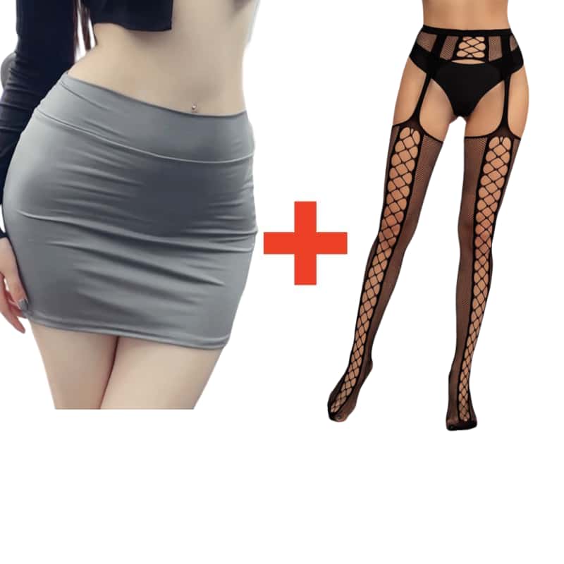 2PCS/SET Women High Waist Pencil Mini Skirts+Stockings Dress Set,Sexy Casual Wrap Hips Black Short Skirt and Pantyhose