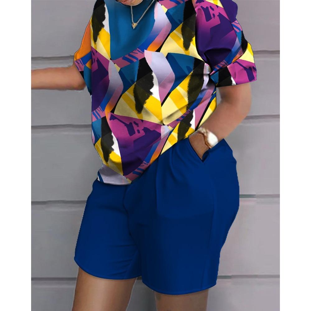 Elegante T-shirt+Pantaloncini da Donna Set 2 Pezzi Moda Estiva Pantaloncini Top Stampa Tuta Casual Femminile Conjuntos De Mujer 2 Piezas