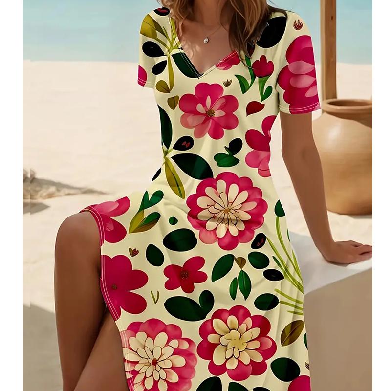 Summer Fashion Women's V Neck Short Sleeve Flower Printed  Dress Sex Short Skirt Dresses