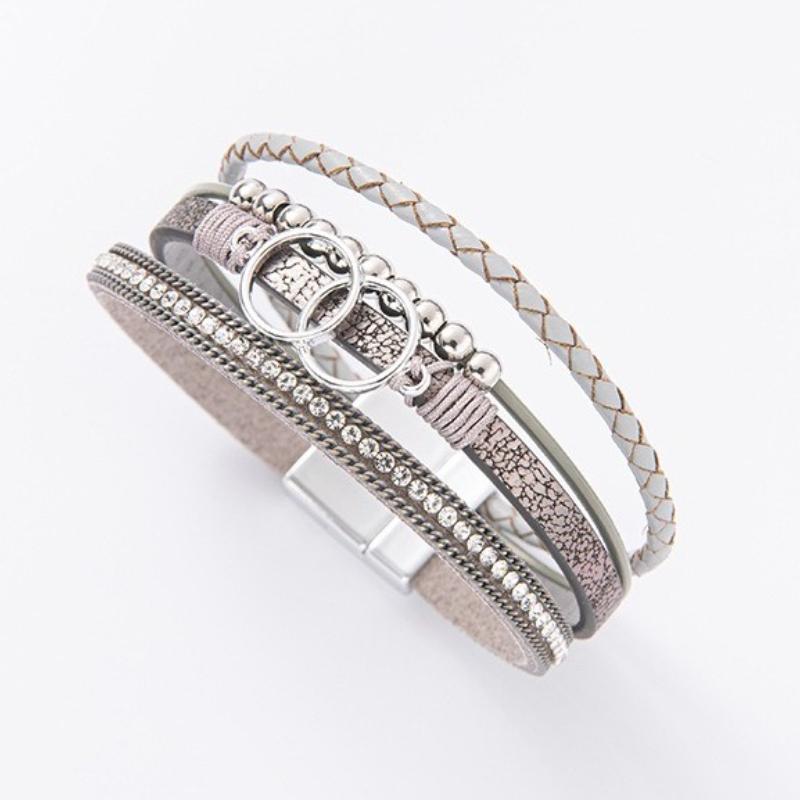 Leather Double Ring Magnetic Buckle Zircon Bracelets Handmade Weaving Men Women Fashion Versatile Bracelet