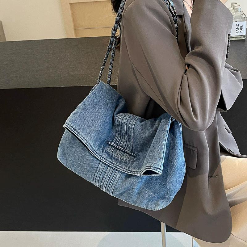 Women's Denim Shoulder Bag, Large Capacity Chic Crossbody Bag with Chain Strap, Casual Trendy Versatile Handbag