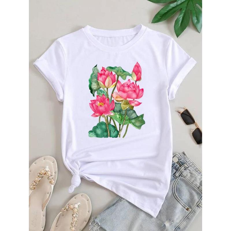 (European Size) Lovely Cute Women Letter Flower Tee Top Clothing Casual Short Sleeve T Shirt Fashion Print Lady Female Graphic T-shirts