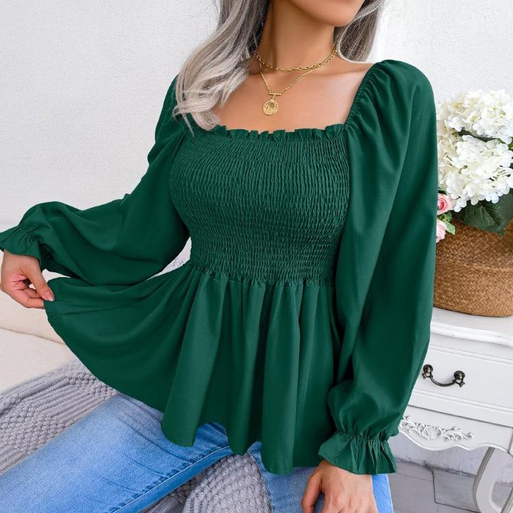 Summer Women Chiffon Shirt Long Sleeve Square Neck Solid Color Tops with Wooden Ears