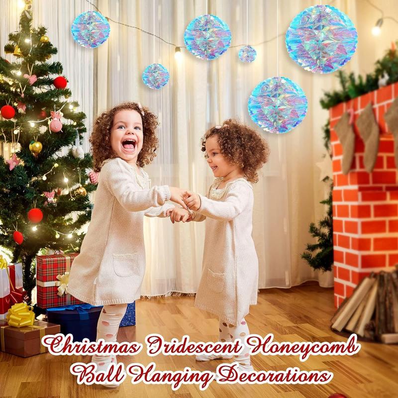6PCS Christmas Iridescent Honeycomb Ball Hanging Ornaments DIY Party Ornaments Backdrop Wedding Birthday Xmas Party Decorations