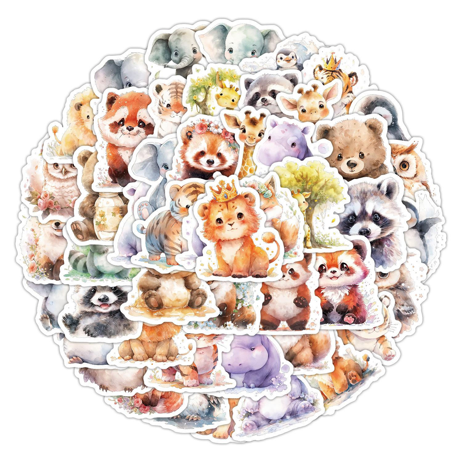 

50 Милых Акварельных Наклеек-Дудлов с Маленькими Животными для Украшения Чемодана и Мобильного Телефона, Водонепроницаемые Креативные Мультяшные Наклейки