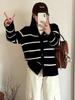 Plus Size Women's V-Neck Color Block Stripe Knit Cardigan - Loose Casual Winter Style