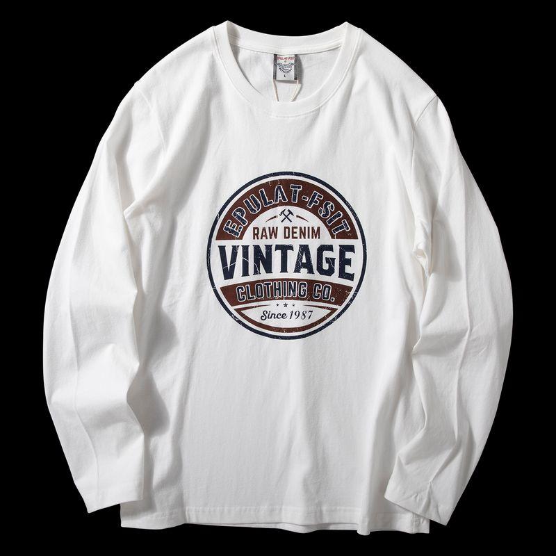 Long-Sleeved T-Shirt for Men 2025 Autum New Style American Retro Printed Pure Cotton Brushed T-Shirt Round Neck Casual Bottoming Shirt