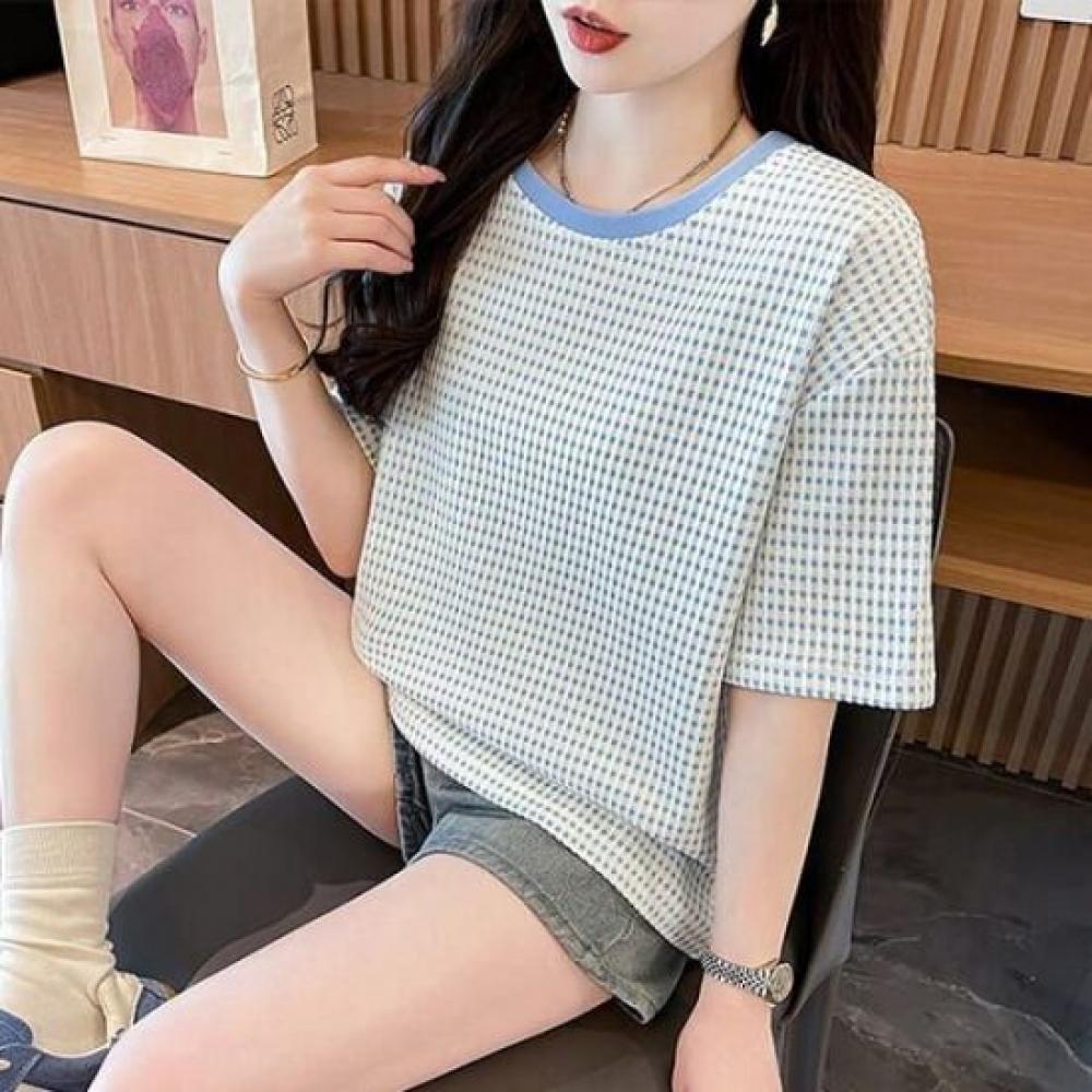 Navava Women Casual Check Round Neck ShorT Sleeve T shirT nT2497