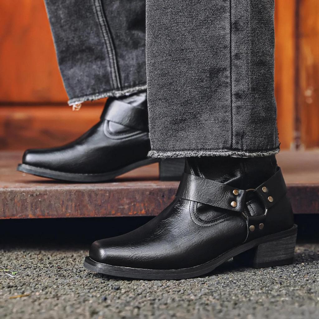 Knight Boots for Men Western Cowboy Boots Slip On Men's Leather Boots 2025 Wear-resistant Horseshoe Heel Social Shoes Male Botas