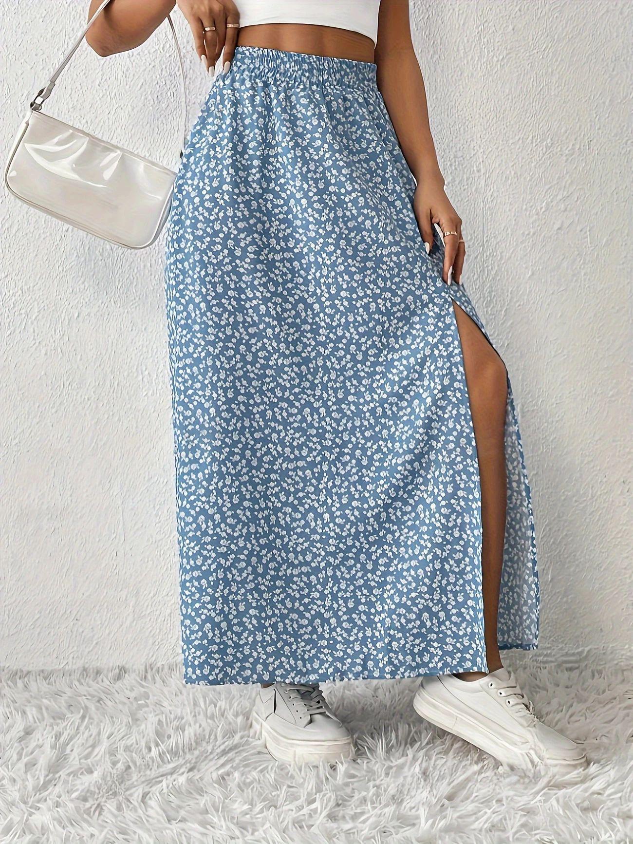 Europäischer & Amerikanischer Feiertags-Blumenprint Midi-Rock mit Schlitz XXL himmelblaue