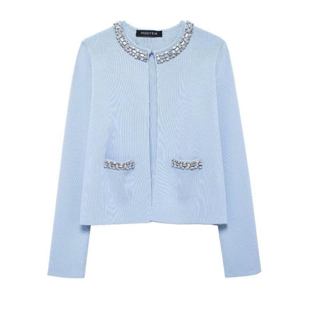 Autumn/Winter Rhinestone Knitted Cardigan & Skirt Set for Women - European & American Style