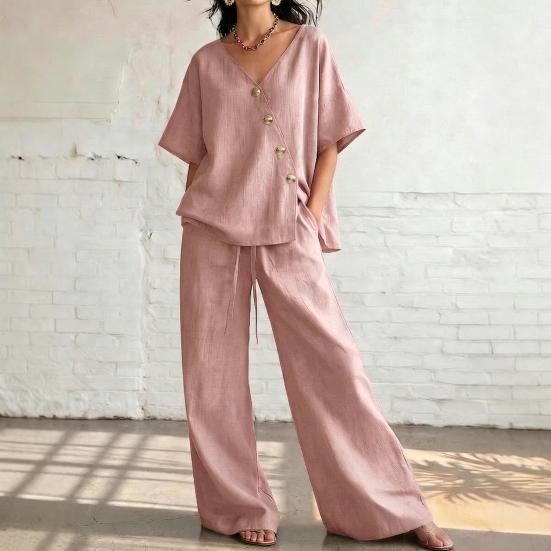 Conjuntos de Dos Piezas para Mujer Top de Manga Corta con Botones y Cuello en V y Pantalones Largos con Cordón Conjuntos de Verano para Estar en Casa