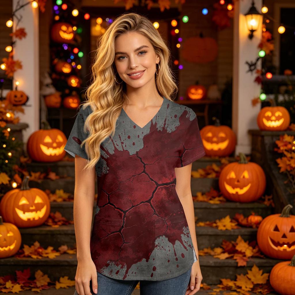 Women V Neck Short Sleeve Scrub Top with Halloween Print and Pockets for Work Uniform Comfortable Fit