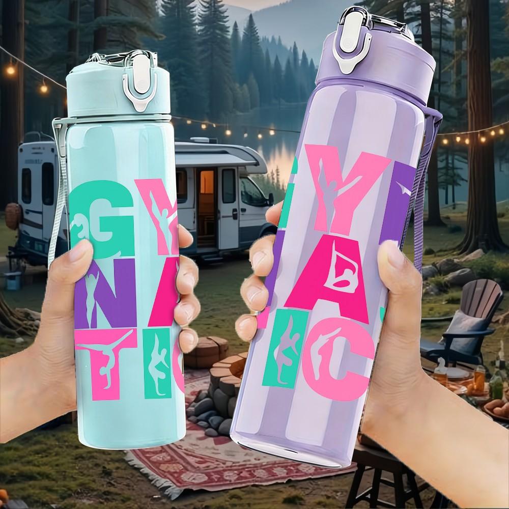 1PC Colorful Gymnastics Letter 750ml Color Plastic Sports Water Bottle Leakproof Flip Straw Lid Suitable for Sports Office Home Use
