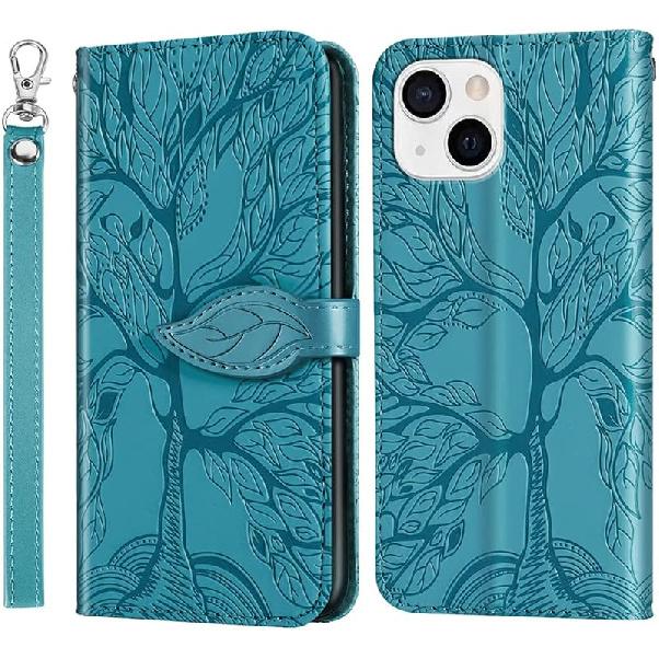 

Совместимый с iPhone 13 Чехол-кошелек Женский Кожаный Книжка с Ремешком на Запястье Подставка Магнитный Ударопрочный с Держателем для Карт Защитный Чехол для iPhone синий