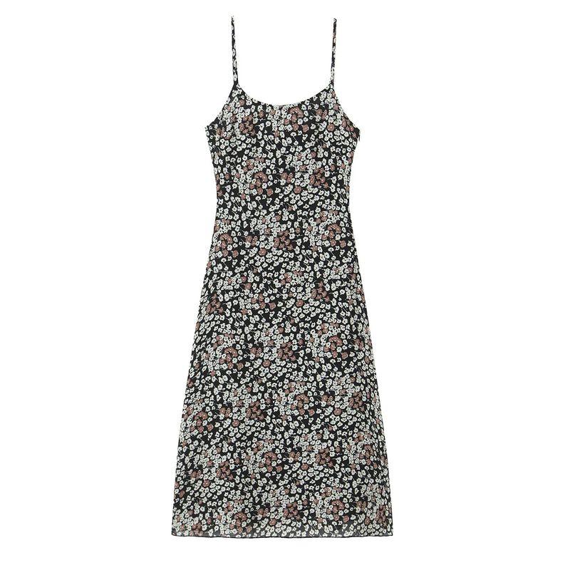 Summer New Product Women's Clothes French Vintage Style Printed Waist-Controlled Slimming Long Sheath Fishtail Sling Dress