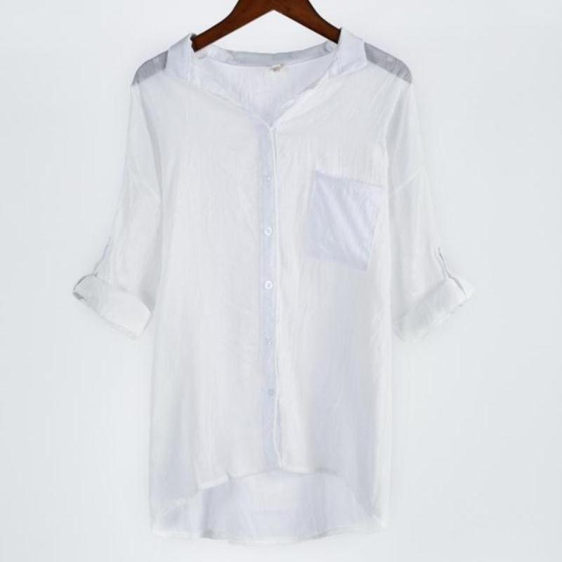 

Повседневная литературная женская осенняя блузка с длинными рукавами, хлопково-льняная рубашка, женская винтажная весенне-летняя свободная рубашка с воротником-стойкой L белый