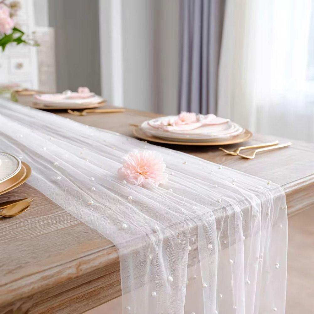 Sheer Bridal Veil White Tulle Wedding Table Runner Flower Wrapping Pearl Table Runner  Baby Shower