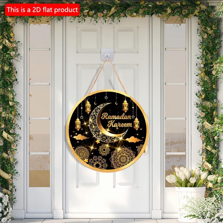 2D flach 20*20cm 1 Stück Ramadan Kareem Goldene Mond&Laternen Muster Schöne Islam Muslimische Partyzubehör, Geeignet zum Aufhängen an der Decke Runde Holzornament