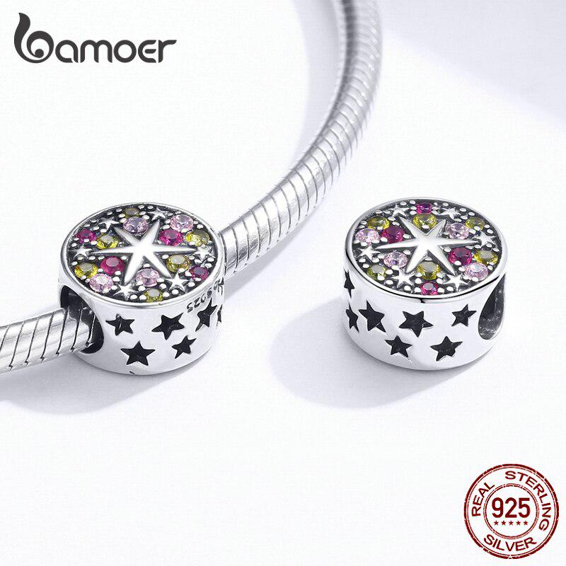 BAMOER 925 Sterling Silver Blue Blossom Flower Magic Star Round CZ Bead Fit Charm Silver Original Bracelet & Jewelry