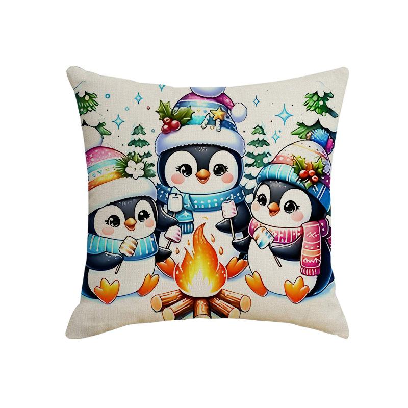 Christmas Style Linen Christmas Penguin Decoration Sofa Backrest Double-sided Printed Pillowcase Home Cushion Cover