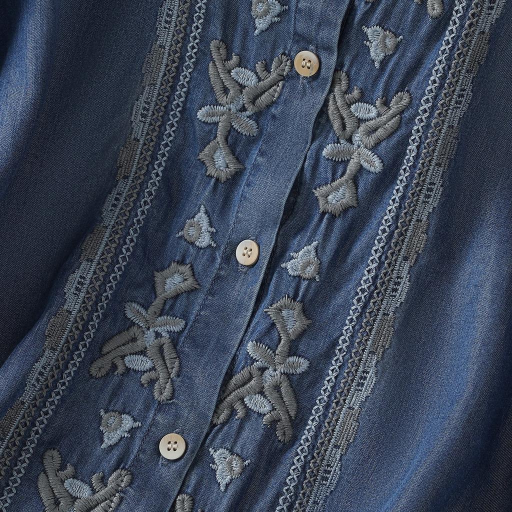 2025 été nouveau t-shirt en tencel denim à manches courtes et col rond pour femme, haut cardigan fin brodé rétro drapé