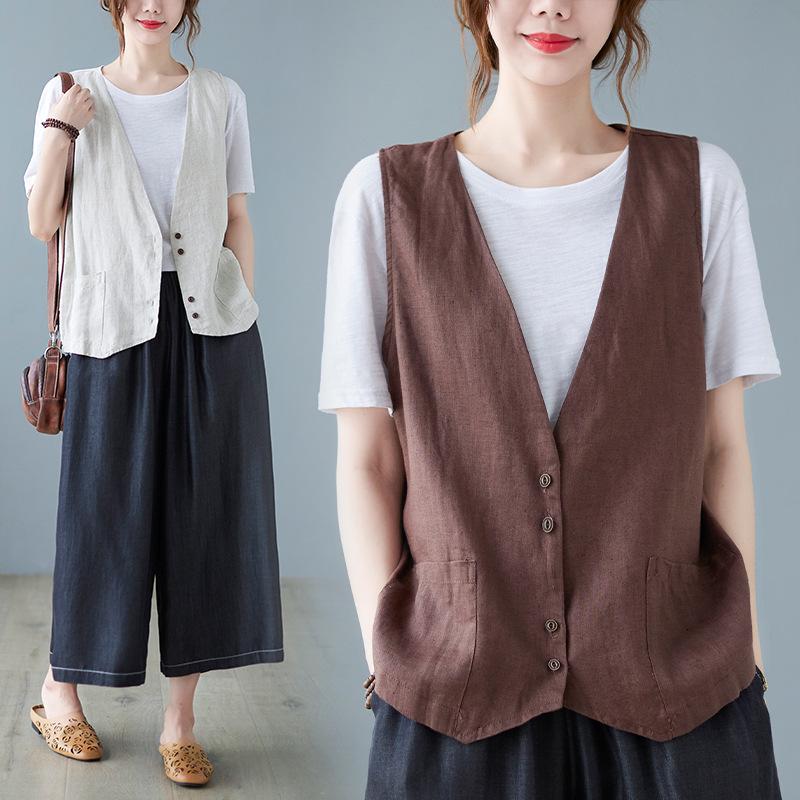 2025 Summer Women's Solid Color Sleeveless Cotton Linen V-Neck Vest