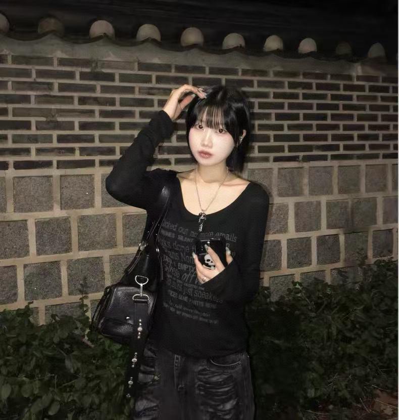 New Style American Spicy Girl Letter Print Sheer Long Sleeve T-shirt