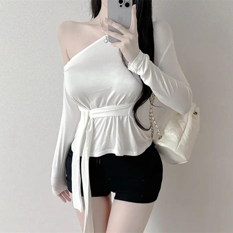 Korean Dongdaemun Slim Fit Strappy Off-Shoulder Long Sleeve Women's T-Shirt