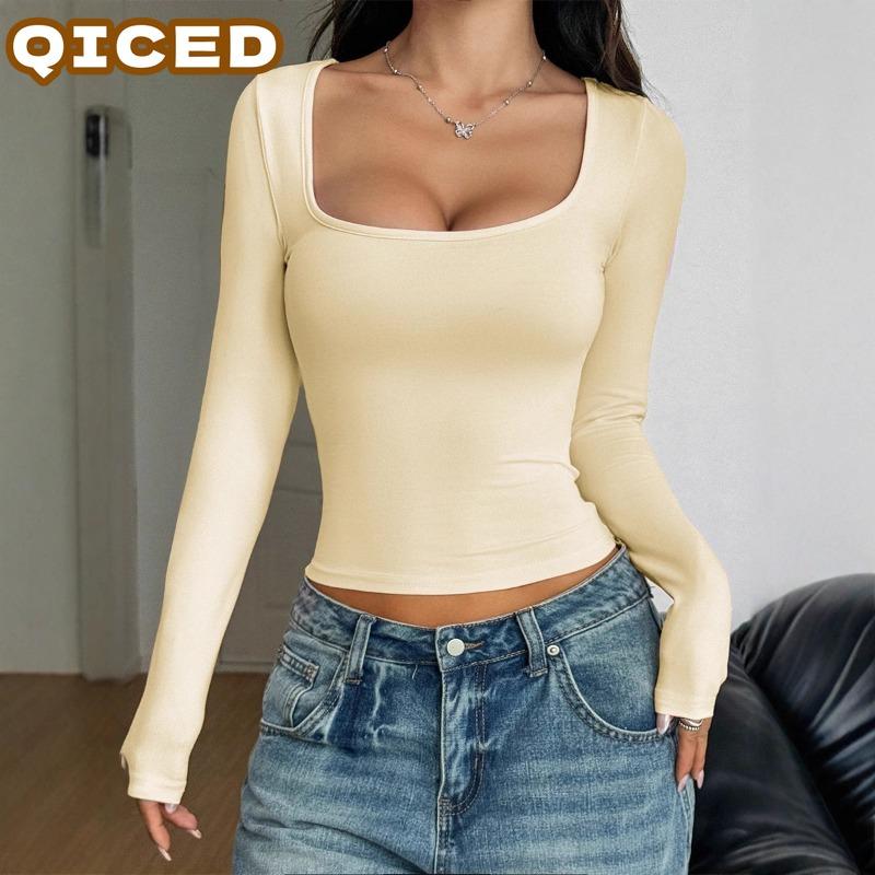 QICED Women's Fashion Casual Solid Color Print Long Sleeve U-Neck Blouses & Shirts Unique Design