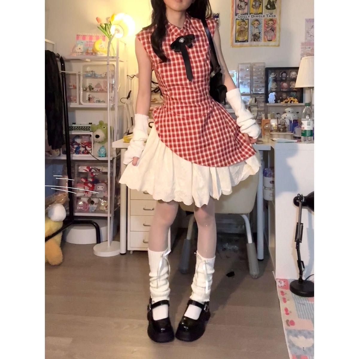 Women s Summer Red Plaid Dress with Waist-Cinching Puffy Princess Skirt S
