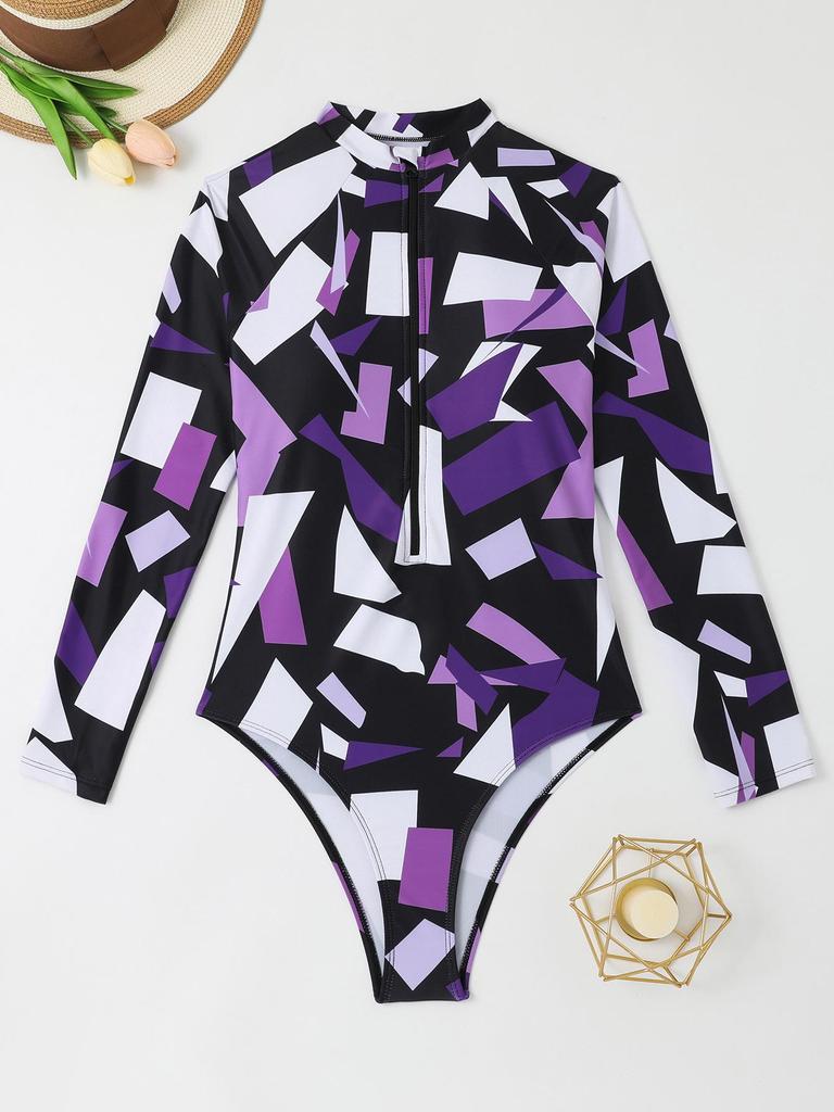 2024 Geometric Print Long Sleeve One-Piece Swimsuit for Women