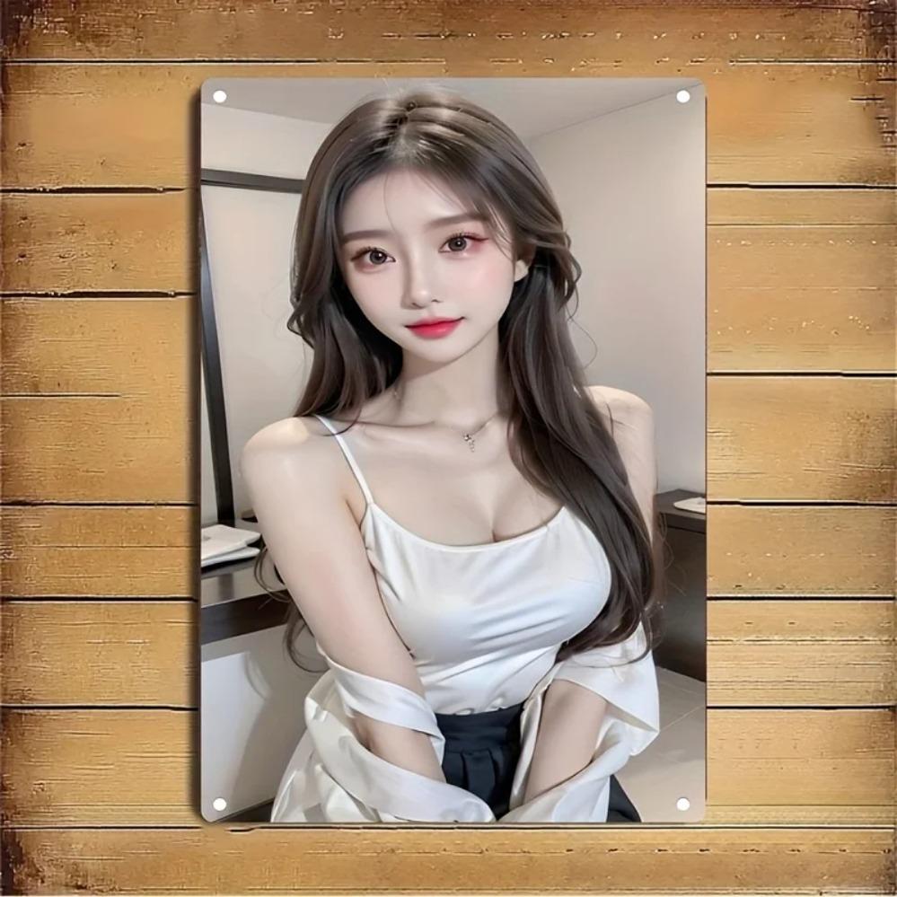 Hisun Tin Sign HD Metal Tin Sign Stunning Asian Beauty in White Satin Cami Top Vintage Poster Elegant Daily Style Wall Art Decor for Home Bar