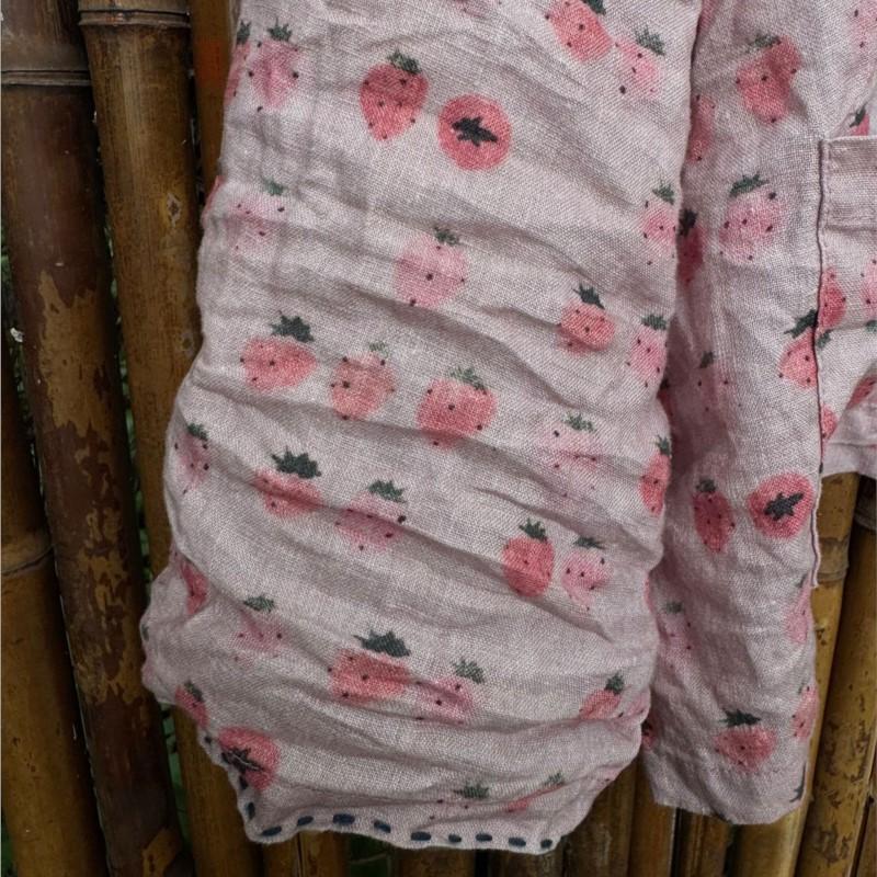 Johnature Camisas Florales Estampado Vintage para Mujer Rosa Cuello Redondo Manga Larga Blusas Otoño Bolsillos Botón Camisas Sueltas