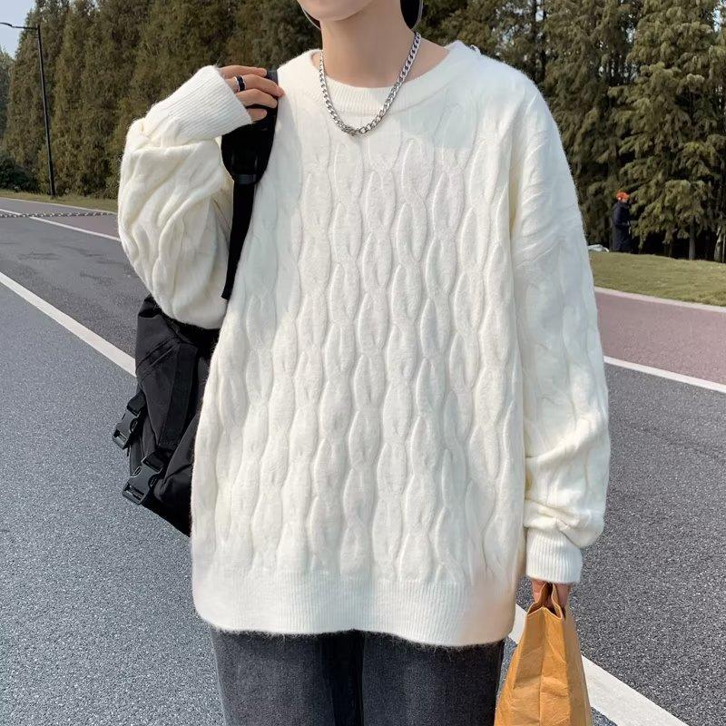 

Pullover Sweater Men s Spring and Autumn Loose Korean Version of the Trend Solid Color Knitted Sweater Hong Kong Style Round Neck Casual Couple M белый