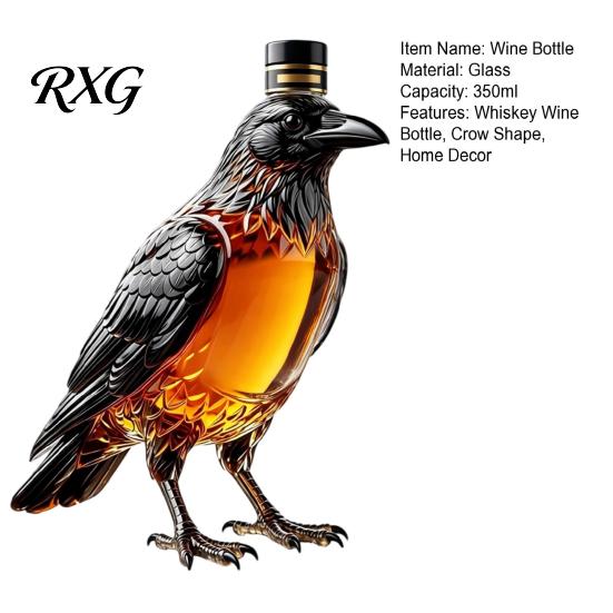 Craft Liquor Container Crow Whiskey Decanter, 350ml Capacity Glass Bottle, Unique Wine Bottle Decorative Alcohol Dispenser for Home Kitchen