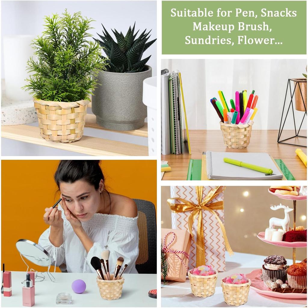 NUOBESTY 6Pcs 2.95X2.95X2.36in Mini Wood Woven Baskets Small Baskets Miniature Artifical Wood Woven Baskets Mini Straw Woven Storage Basket Without