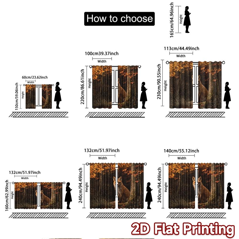 2pcs, 2D FLAT PRINTING Curtains (Without Rod) Autumn Fox Scene Chic Print Curtains Festival Versatile Polyester Curtains Outdoor