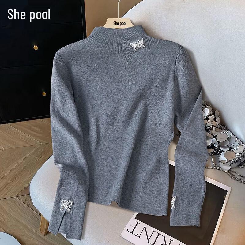 

Women s Butterfly Rhinestone Semi-High Collar Long Sleeve T-Shirt One Size