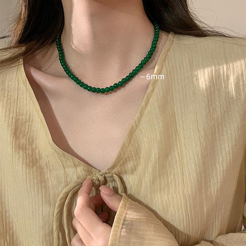 New Chinese-style green ingot buckle necklace women's light luxury niche high-end sense beaded collarbone chain retro temperament match