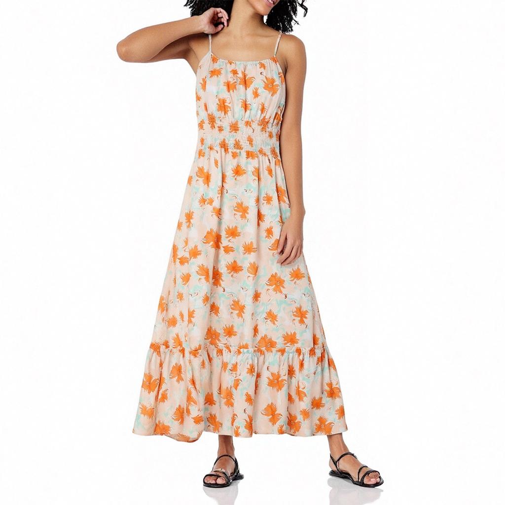 Dámské letní maxi šaty bez rukávů květinový špagetový pásek Smocked Boho Beach dlouhé šaty plážové oblečení na dovolenou