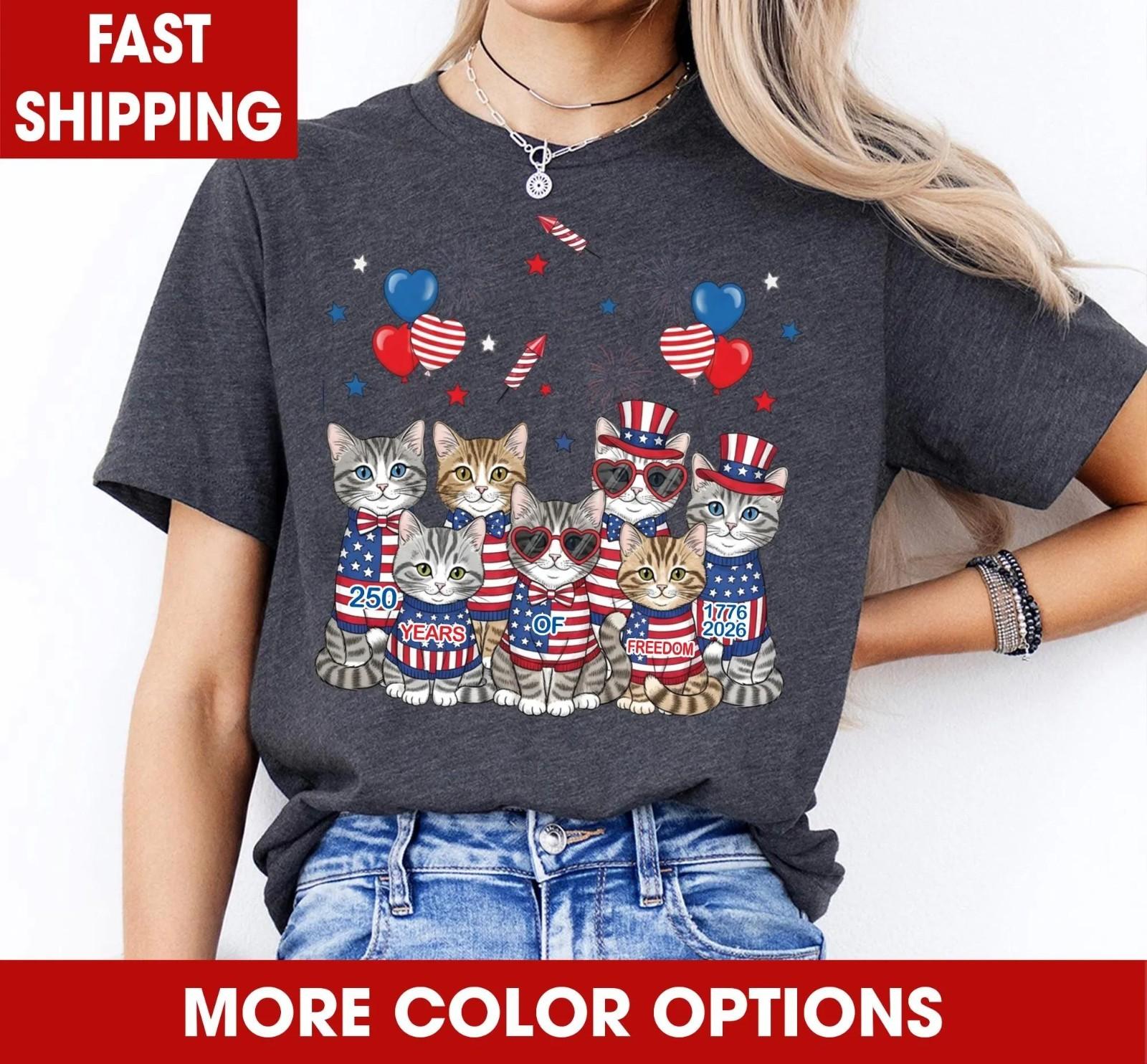 Patriotic Cat Shirt, 250 Years of Freedom Tee, USA 1776-2026 T-Shirt XXL