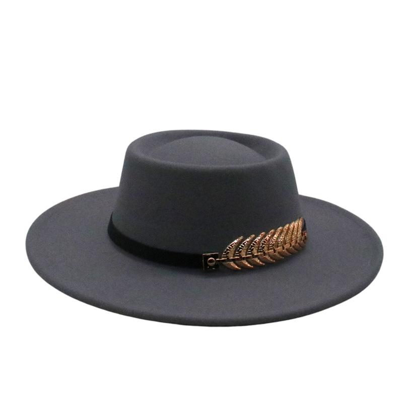 Female Autumn And Winter British Retro Top Hat Jazz Hat French Socialite Hepburn Style Belt Buckle Tweed Wide Brim Flat Top Hat