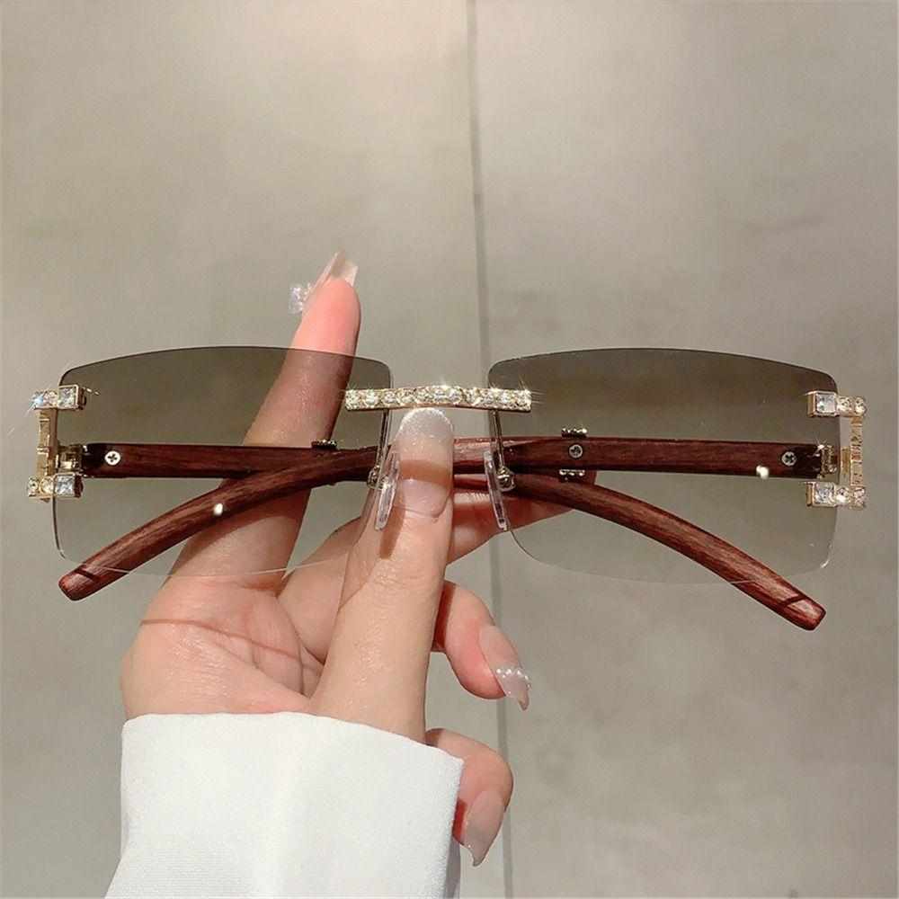 

Деревянные женские солнцезащитные очки без оправы со стразами, квадратные очки для пляжных путешествий, уличная одежда Gradient Tea