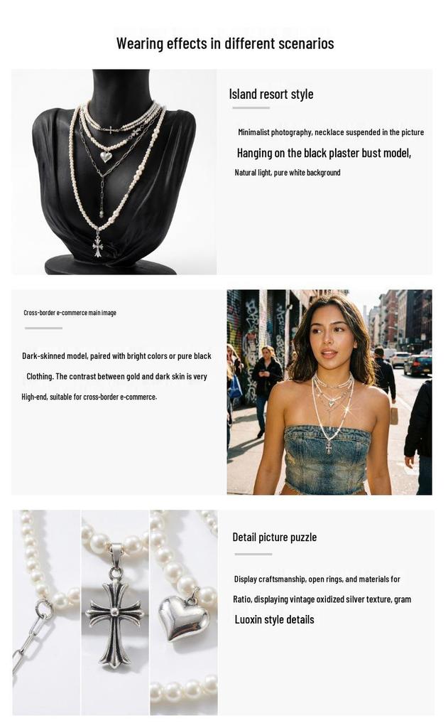 Cross Heart Faux Pearl Multi-layer Necklace - Y2K Style