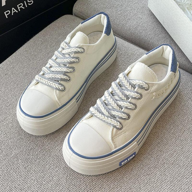 Canvas Shoes Women, Summer Casual Thick-soled Round Head White Shoes Low-top Student Board Shoes
